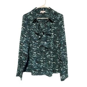 Calvin Klein Printed Ruffle Trim Button Front Shirt Green Blouse Collar Large